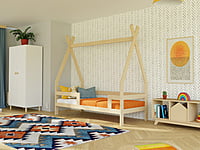 Cama infantil de madera SAFE en forma de tipi con tres protectores de cama Cama infantil de madera SAFE en forma de tipi con tres protectores de cama