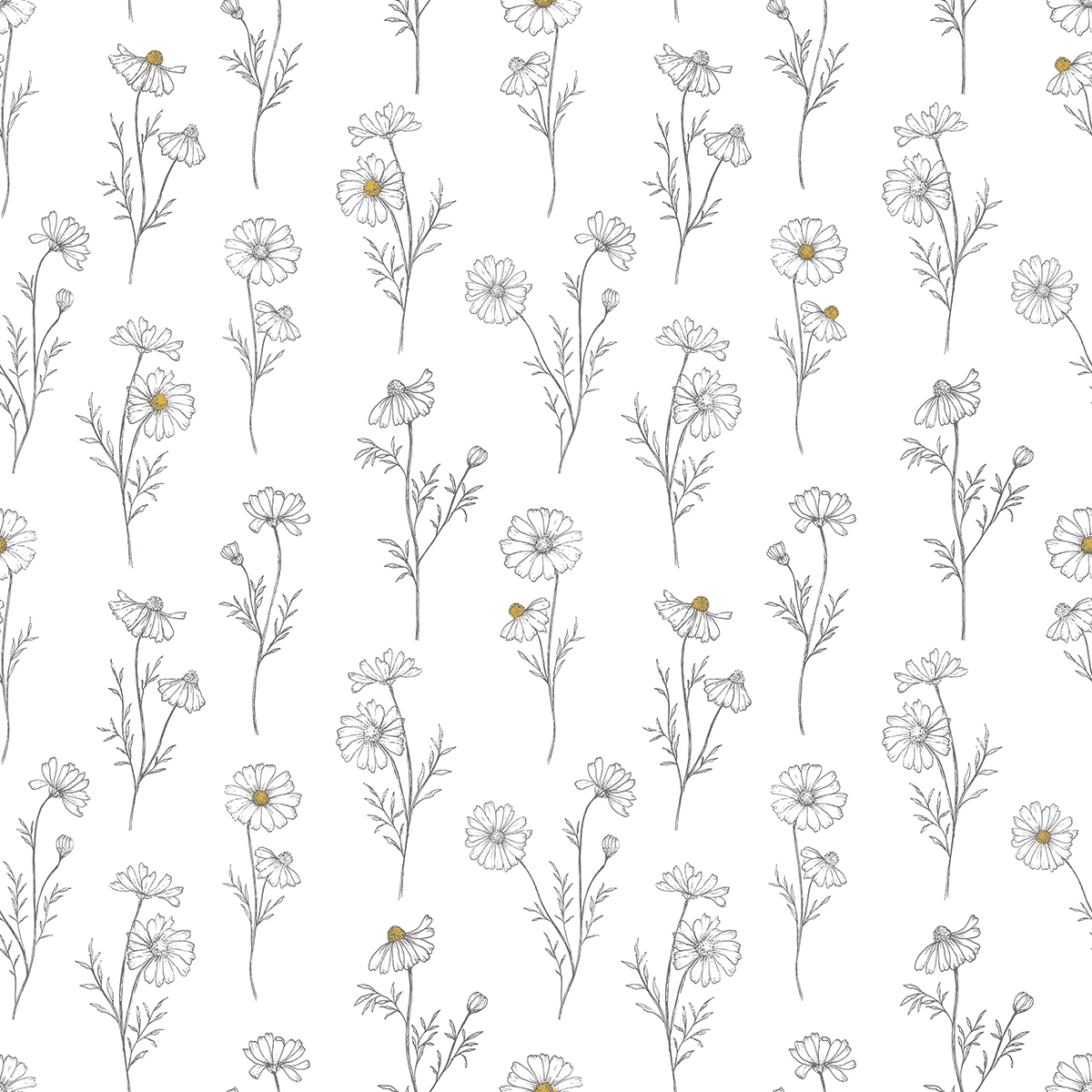 Copia de Papel pintado infantil -  Flores de manzanilla vintage sobre fondo blanco