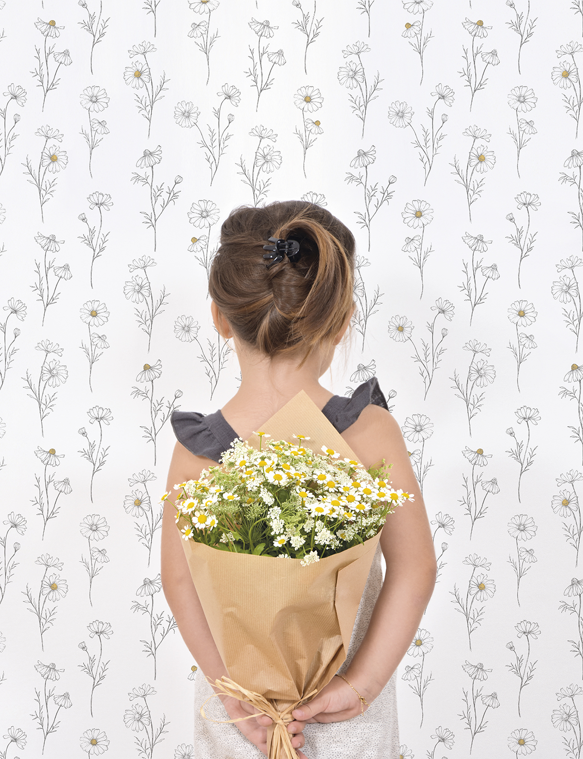 Copia de Papel pintado infantil -  Flores de manzanilla vintage sobre fondo blanco
