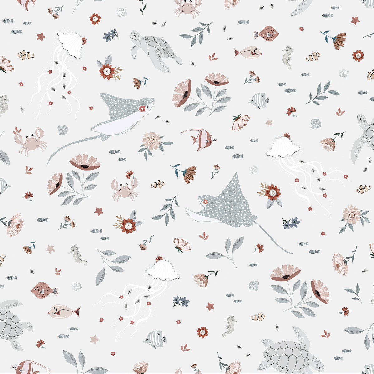 Papel pintado infantil -  Flores y animales acuáticos