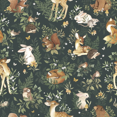 Papel pintado infantil - Animales del bosque (fondo verde)