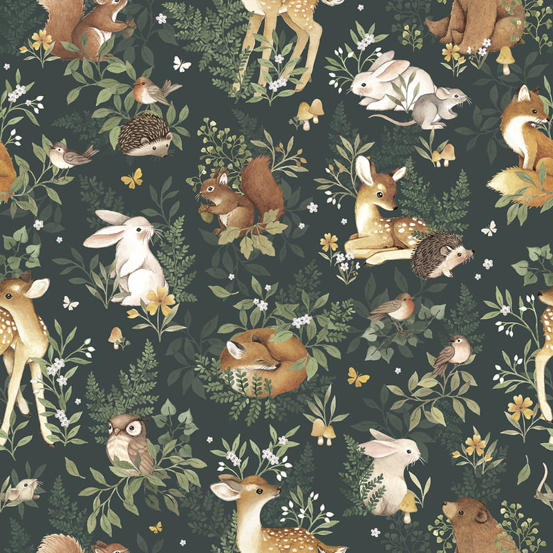 Papel pintado infantil - Animales del bosque (fondo verde) Papel pintado infantil - Animales del bosque (fondo verde)